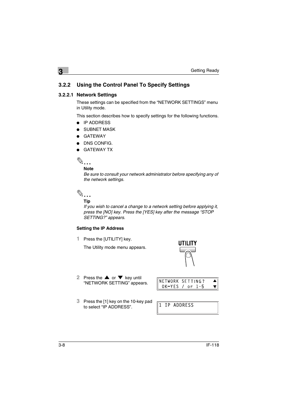 2 using the control panel to specify settings, 1 network settings, Setting the ip address | Using the control panel to specify settings -8, Network settings -8 setting the ip address -8 | Konica Minolta IF-118 User Manual | Page 35 / 140