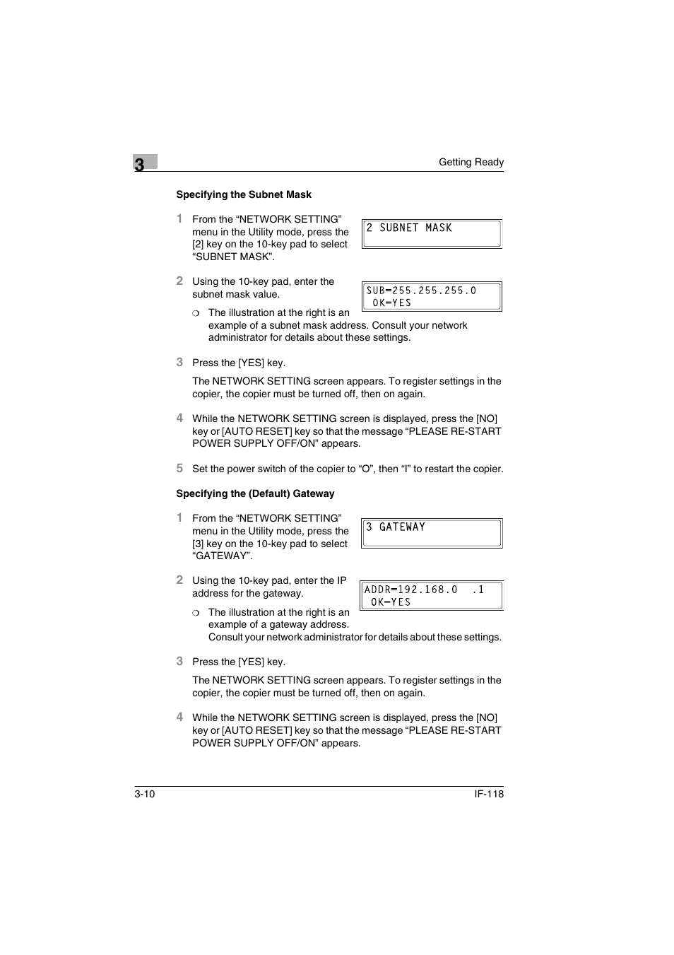 Specifying the subnet mask, Specifying the (default) gateway | Konica Minolta IF-118 User Manual | Page 37 / 140