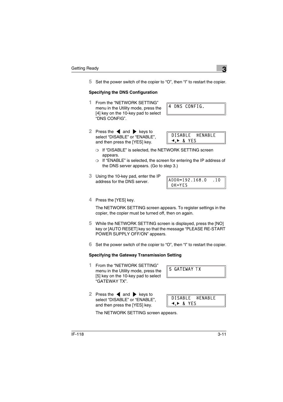 Specifying the dns configuration, Specifying the gateway transmission setting | Konica Minolta IF-118 User Manual | Page 38 / 140