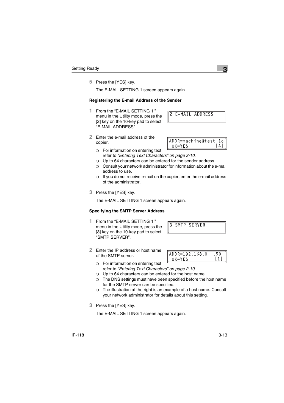 Registering the e-mail address of the sender, Specifying the smtp server address | Konica Minolta IF-118 User Manual | Page 40 / 140