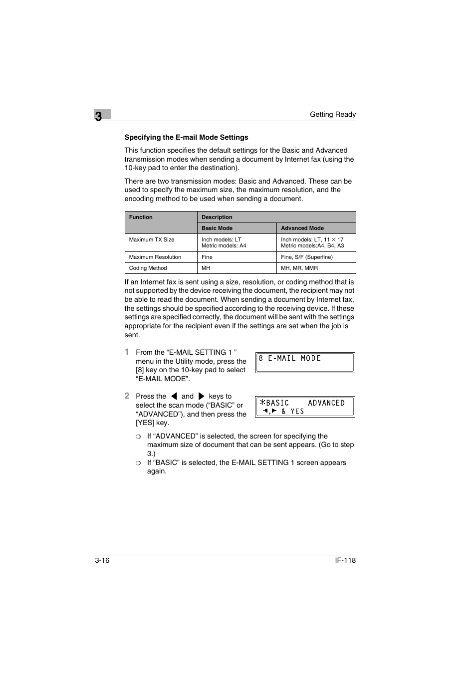 Specifying the e-mail mode settings, Specifying the e-mail mode settings -16 | Konica Minolta IF-118 User Manual | Page 43 / 140