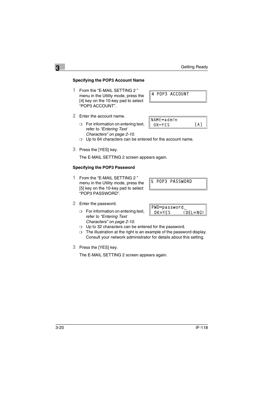 Specifying the pop3 account name, Specifying the pop3 password | Konica Minolta IF-118 User Manual | Page 47 / 140