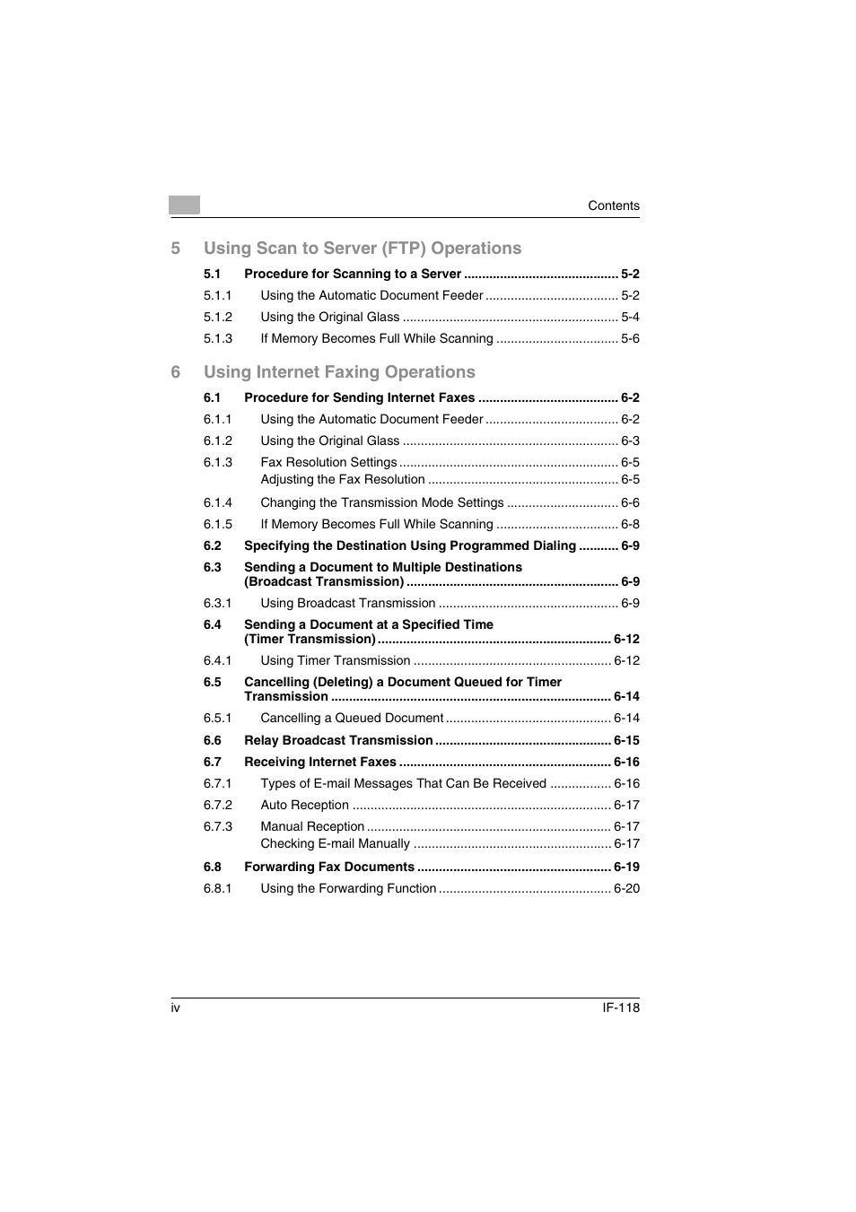 5using scan to server (ftp) operations, 6using internet faxing operations | Konica Minolta IF-118 User Manual | Page 5 / 140