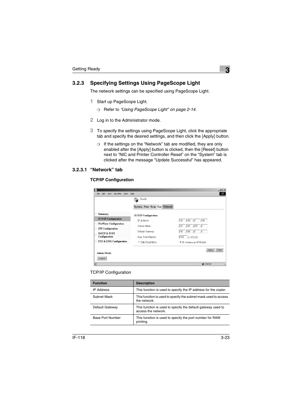 1 “network” tab, Tcp/ip configuration, Network” tab -23 tcp/ip configuration -23 | Konica Minolta IF-118 User Manual | Page 50 / 140