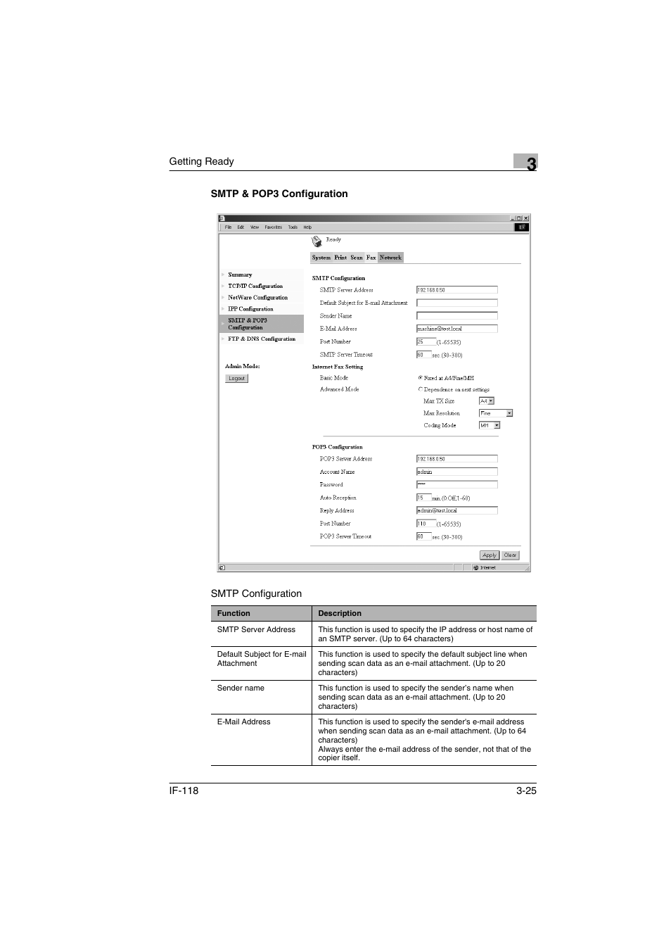 Smtp & pop3 configuration, Smtp & pop3 configuration -25 | Konica Minolta IF-118 User Manual | Page 52 / 140