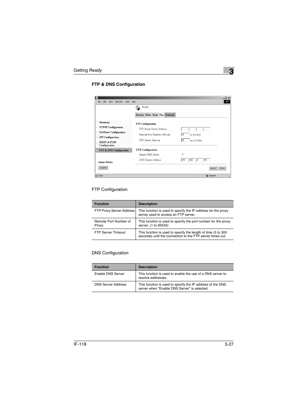 Ftp & dns configuration, Ftp & dns configuration -27 | Konica Minolta IF-118 User Manual | Page 54 / 140