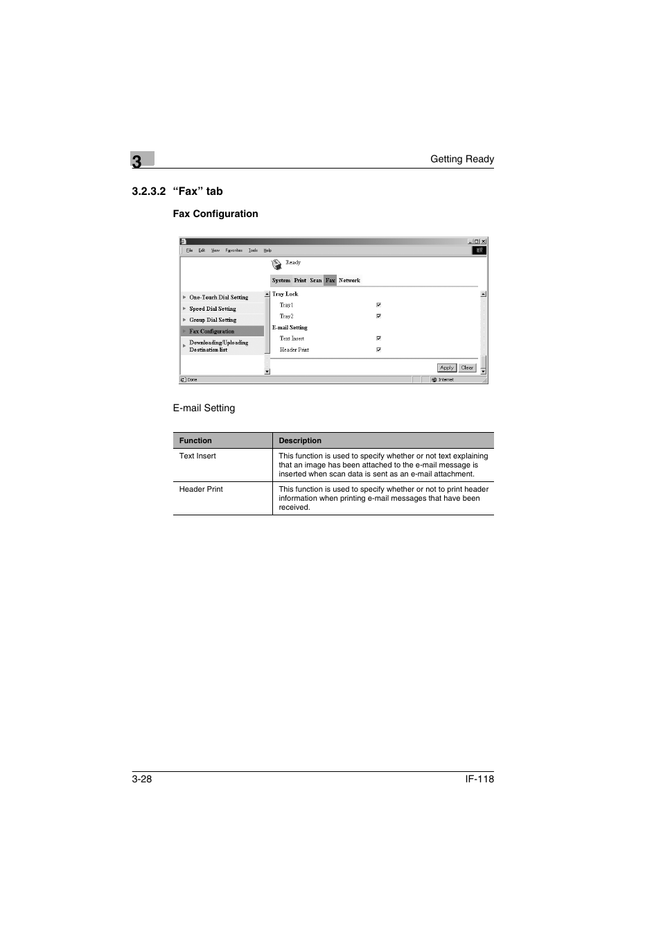 2 “fax” tab, Fax configuration, Fax” tab -28 fax configuration -28 | Konica Minolta IF-118 User Manual | Page 55 / 140