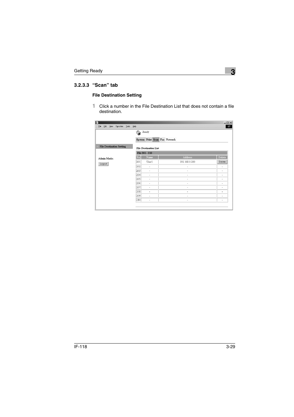 3 “scan” tab, File destination setting, Scan” tab -29 file destination setting -29 | Konica Minolta IF-118 User Manual | Page 56 / 140