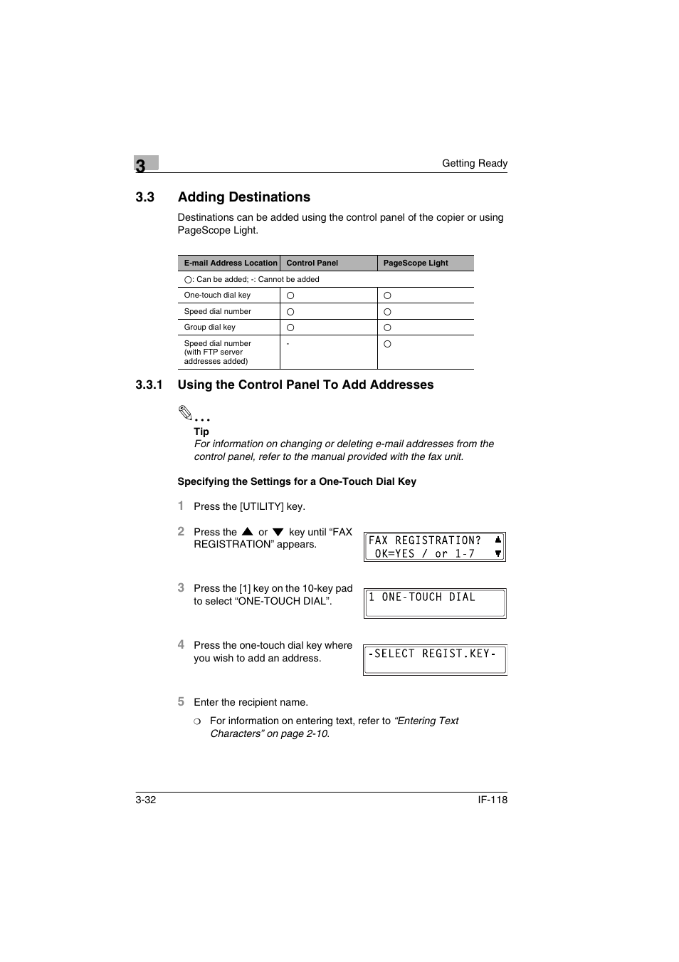 3 adding destinations, 1 using the control panel to add addresses, Specifying the settings for a one-touch dial key | Adding destinations -32 | Konica Minolta IF-118 User Manual | Page 59 / 140