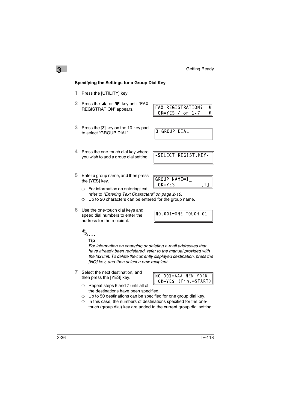 Specifying the settings for a group dial key, Specifying the settings for a group dial key -36 | Konica Minolta IF-118 User Manual | Page 63 / 140