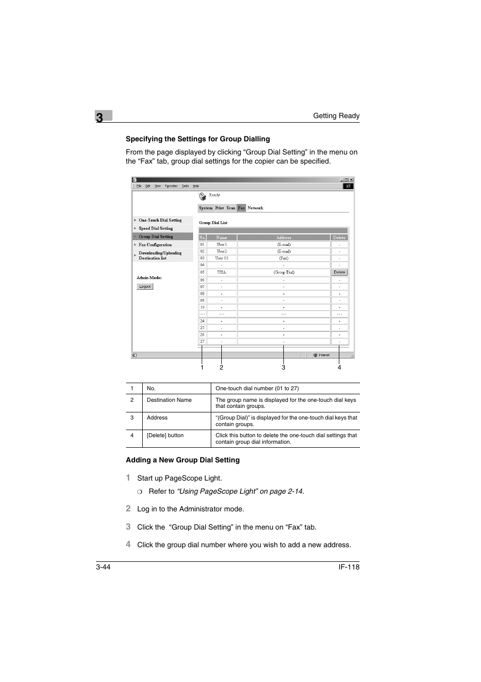 Specifying the settings for group dialling, Adding a new group dial setting | Konica Minolta IF-118 User Manual | Page 71 / 140