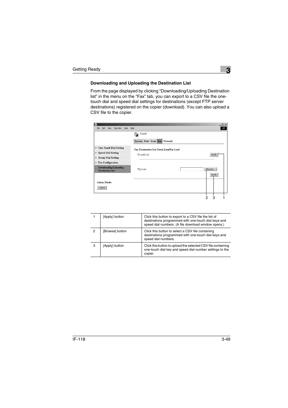 Downloading and uploading the destination list, Downloading and uploading the destination list -49 | Konica Minolta IF-118 User Manual | Page 76 / 140