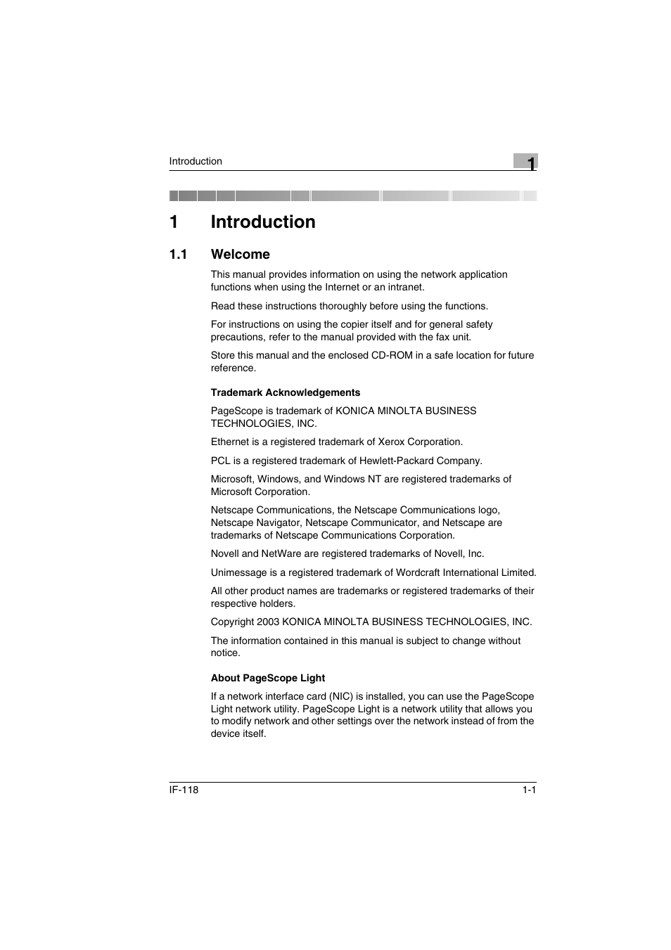 1 introduction, 1 welcome, Trademark acknowledgements | Introduction, Welcome -1, 1introduction | Konica Minolta IF-118 User Manual | Page 8 / 140