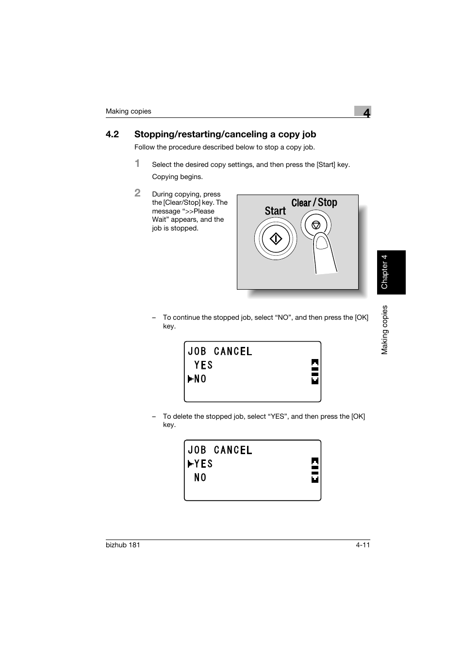 2 stopping/restarting/canceling a copy job, Stopping/restarting/canceling a copy job -11 | Konica Minolta bizhub 181 User Manual | Page 104 / 322