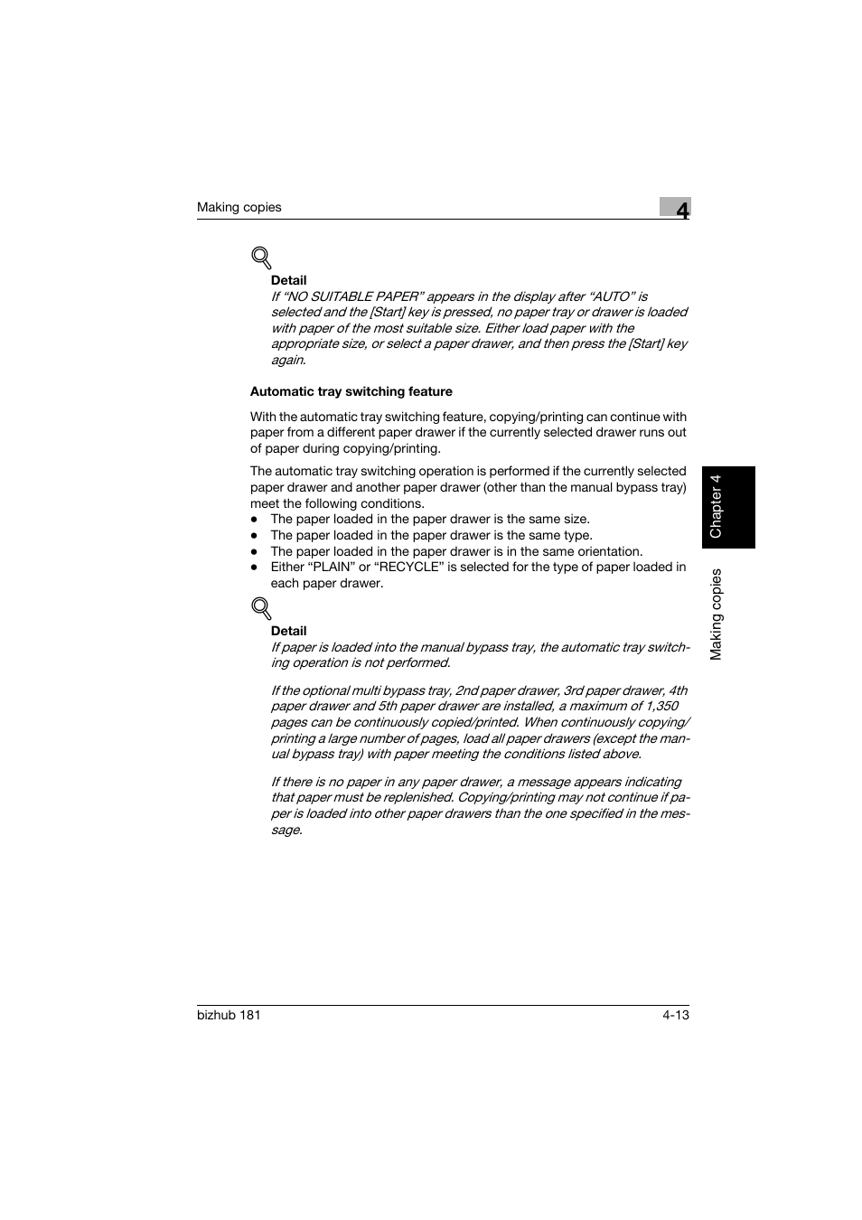 Automatic tray switching feature, Automatic tray switching feature -13 | Konica Minolta bizhub 181 User Manual | Page 106 / 322