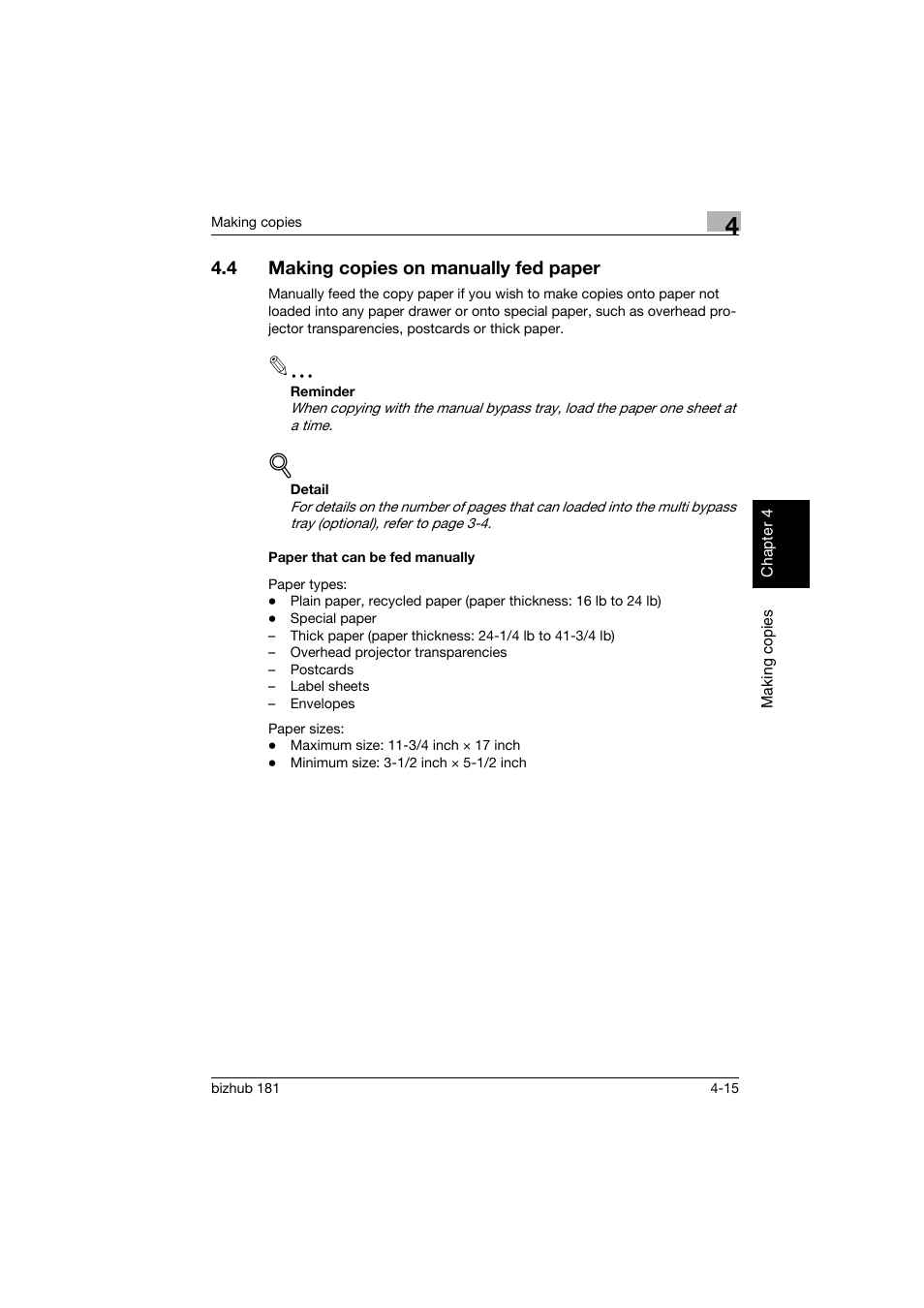 4 making copies on manually fed paper, Paper that can be fed manually, Making copies on manually fed paper -15 | Paper that can be fed manually -15, P. 4-15 | Konica Minolta bizhub 181 User Manual | Page 108 / 322