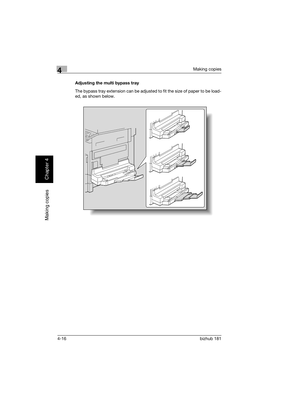 Adjusting the multi bypass tray, Adjusting the multi bypass tray -16 | Konica Minolta bizhub 181 User Manual | Page 109 / 322