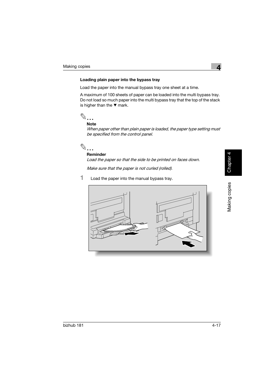 Loading plain paper into the bypass tray, Loading plain paper into the bypass tray -17 | Konica Minolta bizhub 181 User Manual | Page 110 / 322