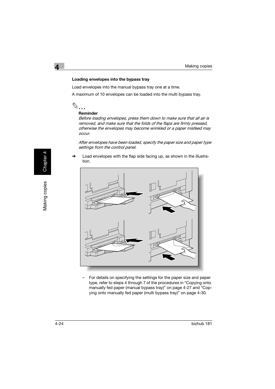 Loading envelopes into the bypass tray, Loading envelopes into the bypass tray -24 | Konica Minolta bizhub 181 User Manual | Page 117 / 322