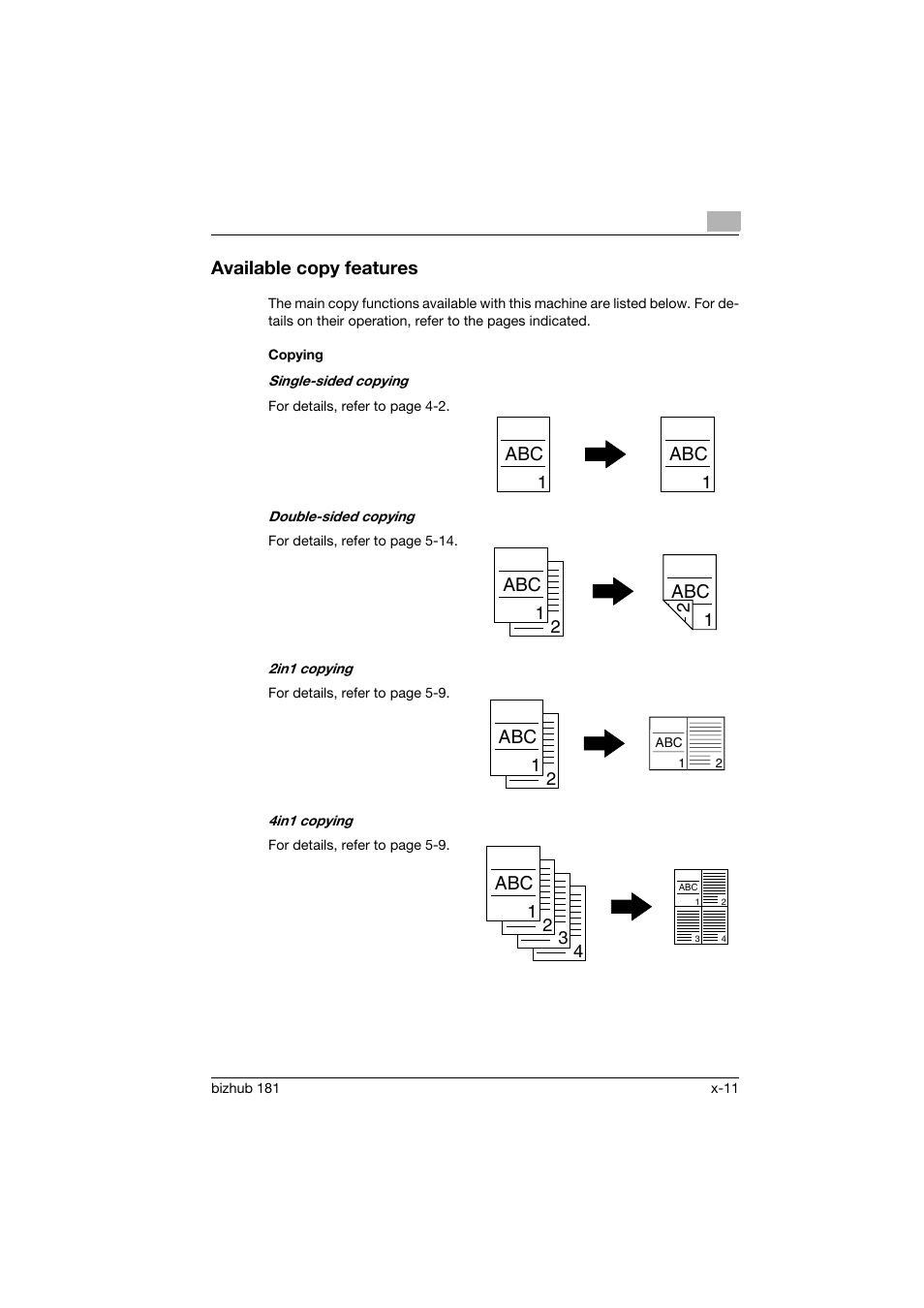 Available copy features, Copying | Konica Minolta bizhub 181 User Manual | Page 12 / 322