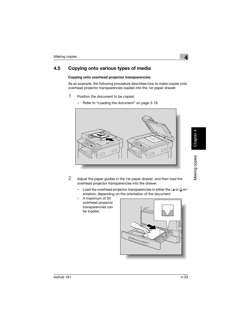 5 copying onto various types of media, Copying onto overhead projector transparencies, Copying onto various types of media -33 | Copying onto overhead projector transparencies -33 | Konica Minolta bizhub 181 User Manual | Page 126 / 322