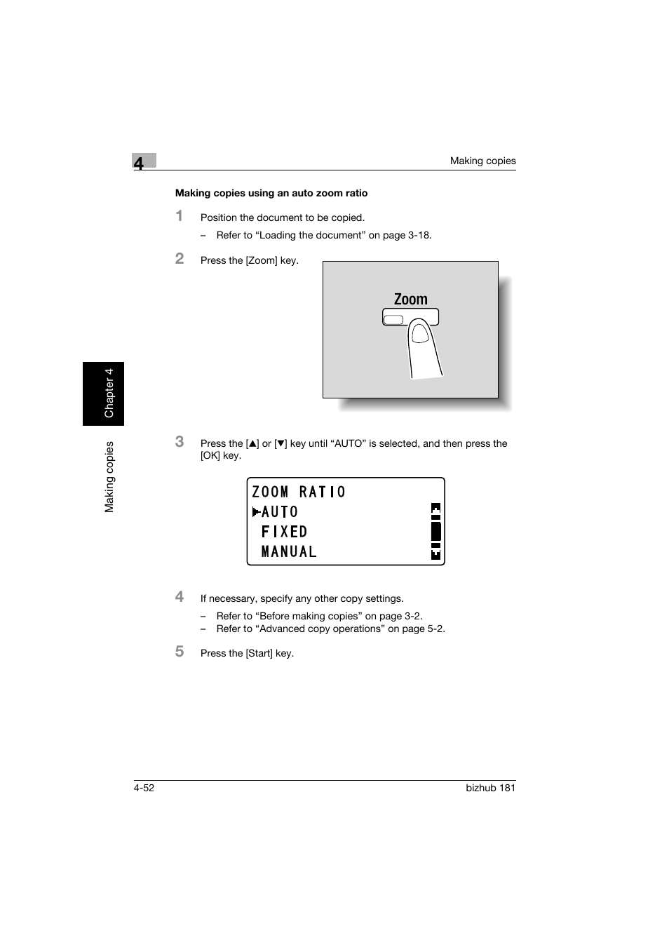 Making copies using an auto zoom ratio, Making copies using an auto zoom ratio -52 | Konica Minolta bizhub 181 User Manual | Page 145 / 322