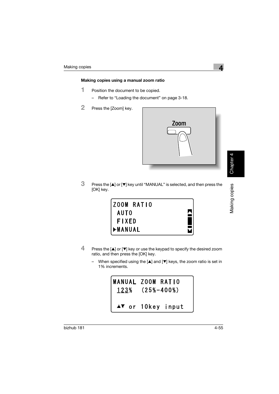 Making copies using a manual zoom ratio, Making copies using a manual zoom ratio -55 | Konica Minolta bizhub 181 User Manual | Page 148 / 322