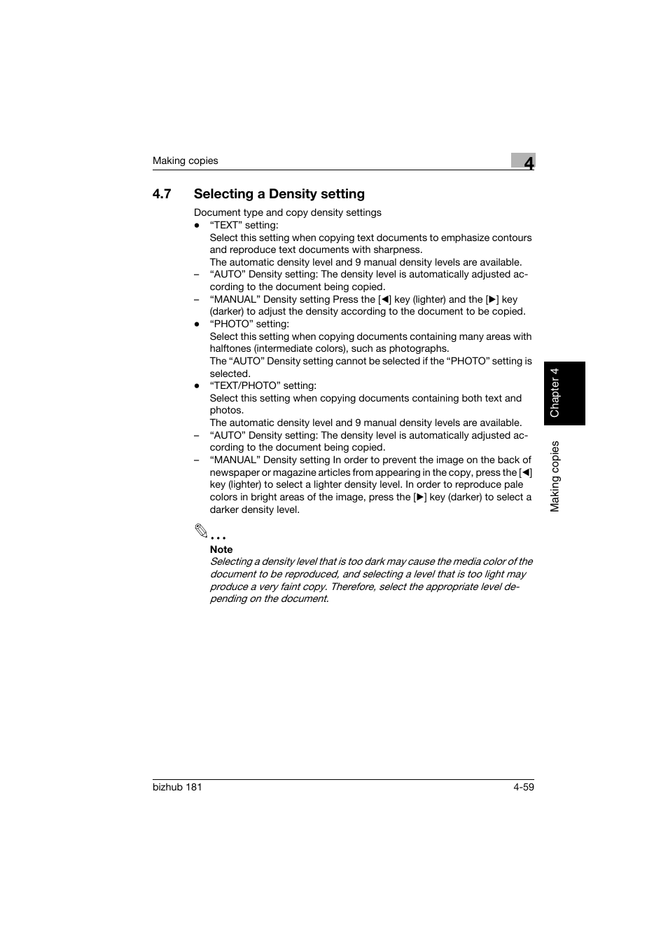 7 selecting a density setting, Selecting a density setting -59 | Konica Minolta bizhub 181 User Manual | Page 152 / 322