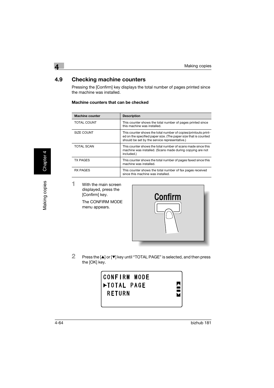 9 checking machine counters, Machine counters that can be checked, Checking machine counters -64 | Machine counters that can be checked -64 | Konica Minolta bizhub 181 User Manual | Page 157 / 322