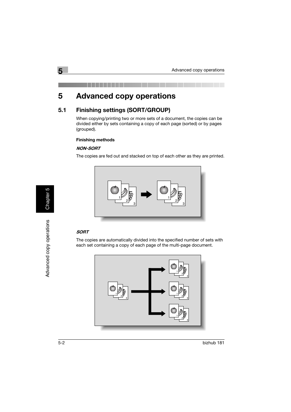 5 advanced copy operations, 1 finishing settings (sort/group), Finishing methods | Advanced copy operations, Finishing settings (sort/group) -2, Finishing methods -2, 5advanced copy operations | Konica Minolta bizhub 181 User Manual | Page 161 / 322