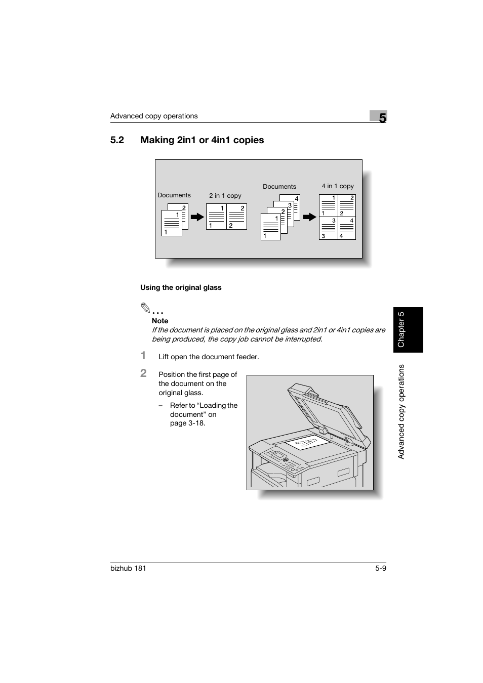 2 making 2in1 or 4in1 copies, Using the original glass, Making 2in1 or 4in1 copies -9 | Using the original glass -9 | Konica Minolta bizhub 181 User Manual | Page 168 / 322