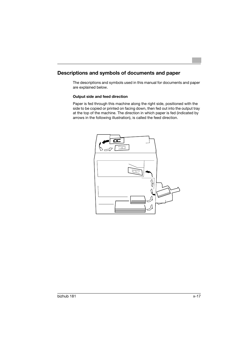 Descriptions and symbols of documents and paper, Output side and feed direction | Konica Minolta bizhub 181 User Manual | Page 18 / 322