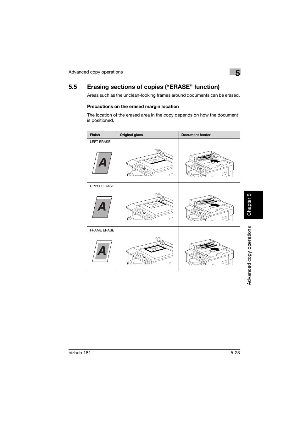 5 erasing sections of copies (“erase” function), Precautions on the erased margin location, Erasing sections of copies (“erase” function) -23 | Precautions on the erased margin location -23 | Konica Minolta bizhub 181 User Manual | Page 182 / 322