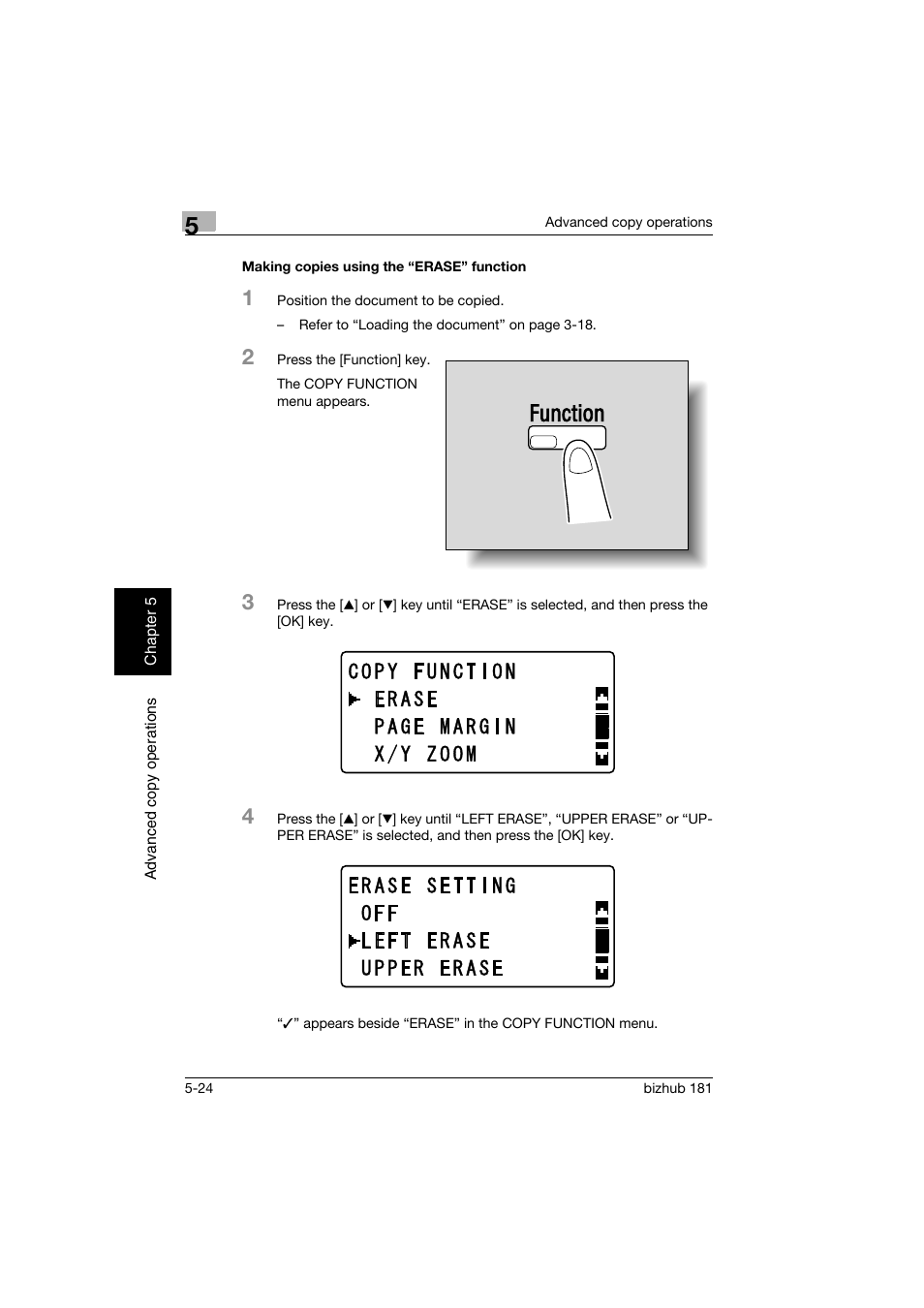 Making copies using the “erase” function, Making copies using the “erase” function -24 | Konica Minolta bizhub 181 User Manual | Page 183 / 322