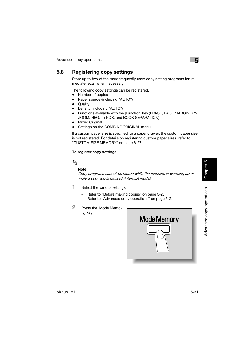 8 registering copy settings, To register copy settings, Registering copy settings -31 | To register copy settings -31 | Konica Minolta bizhub 181 User Manual | Page 190 / 322