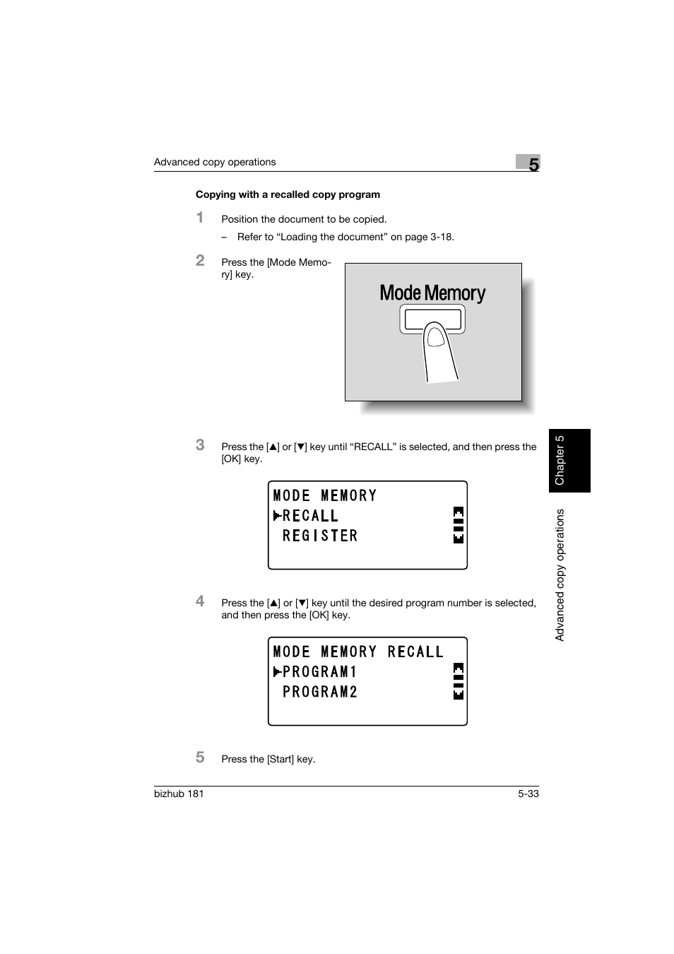 Copying with a recalled copy program, Copying with a recalled copy program -33 | Konica Minolta bizhub 181 User Manual | Page 192 / 322