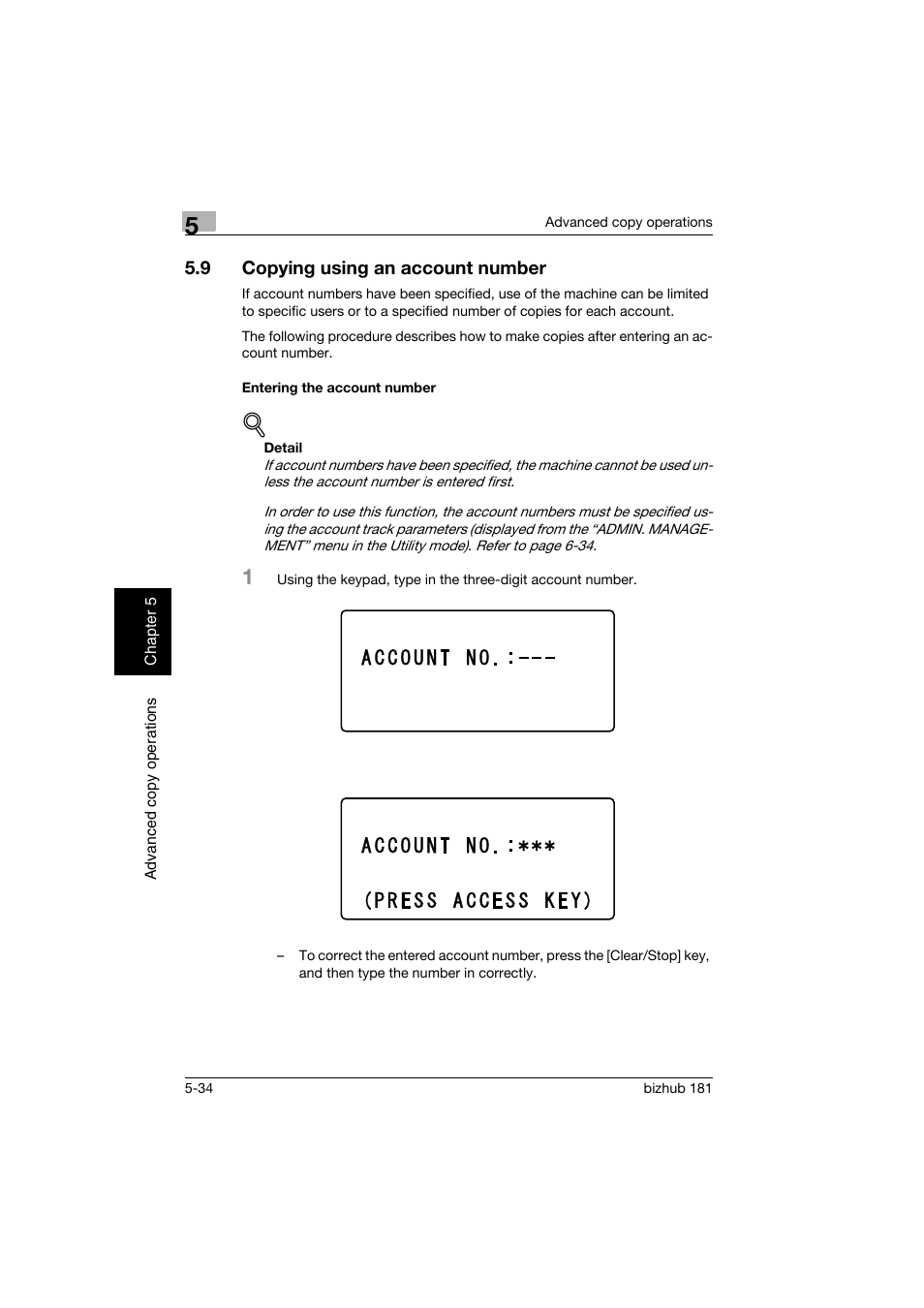 9 copying using an account number, Entering the account number, Copying using an account number -34 | Entering the account number -34 | Konica Minolta bizhub 181 User Manual | Page 193 / 322