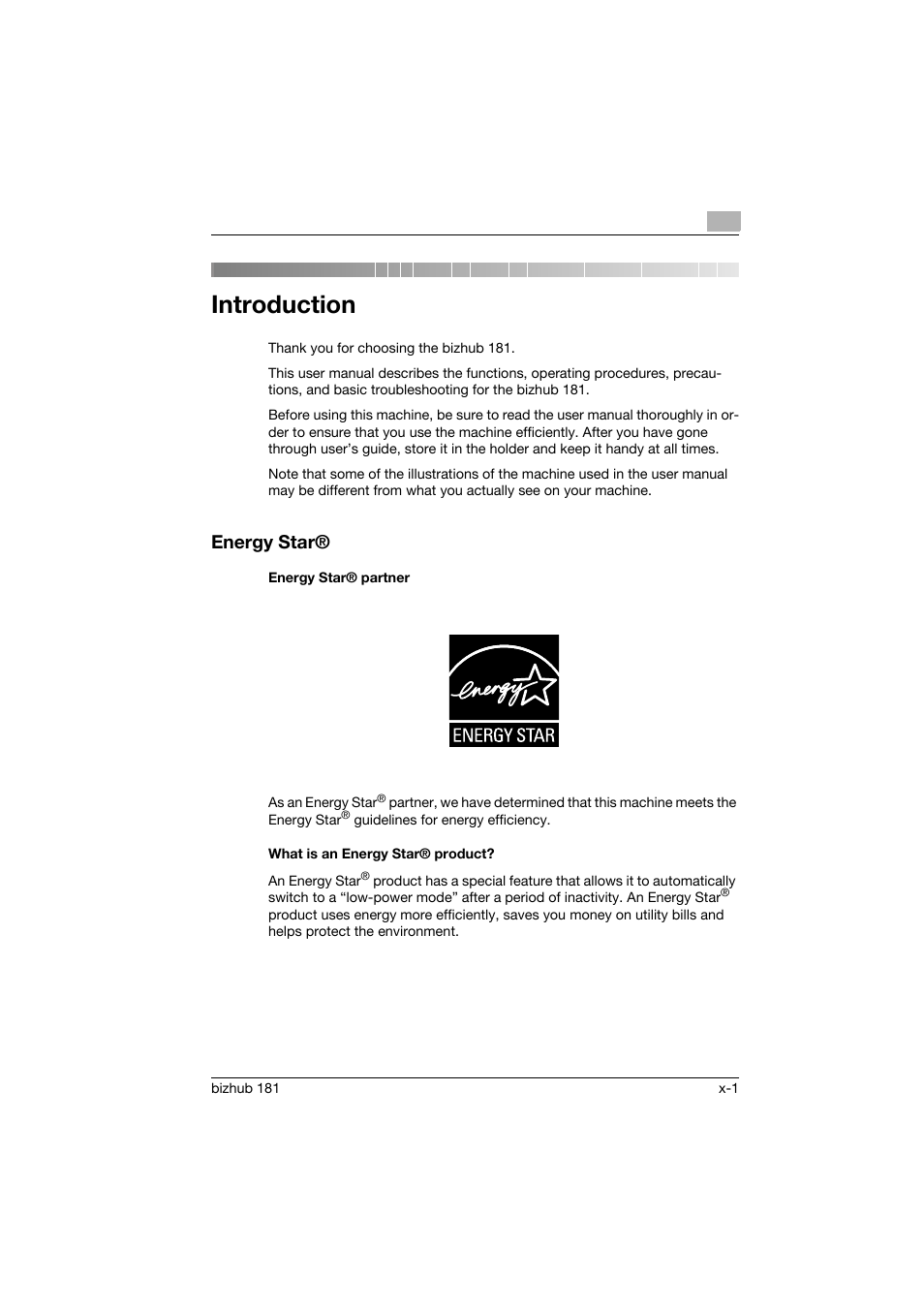 Introduction, Energy star, Energy star® partner | What is an energy star® product | Konica Minolta bizhub 181 User Manual | Page 2 / 322