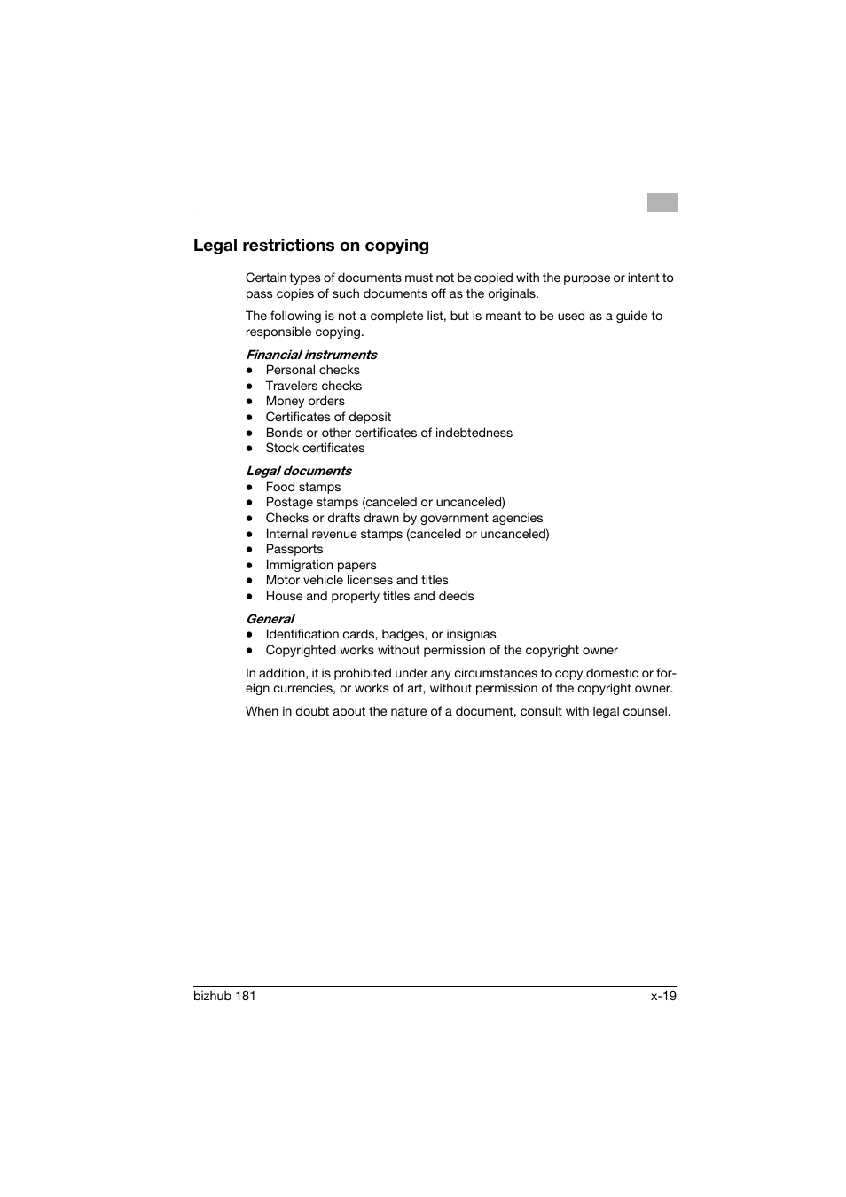 Legal restrictions on copying | Konica Minolta bizhub 181 User Manual | Page 20 / 322