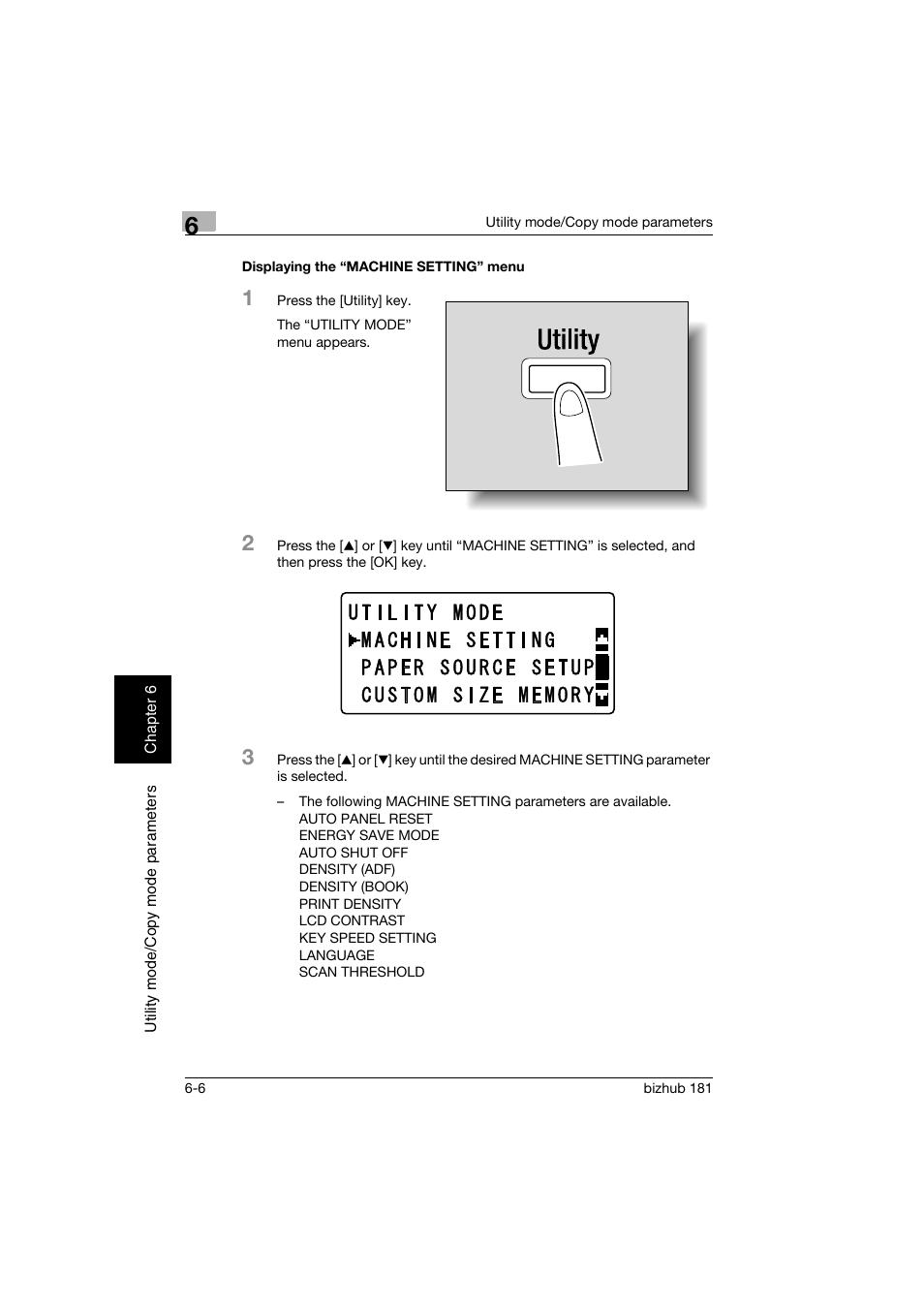 Displaying the “machine setting” menu, Displaying the “machine setting” menu -6 | Konica Minolta bizhub 181 User Manual | Page 201 / 322