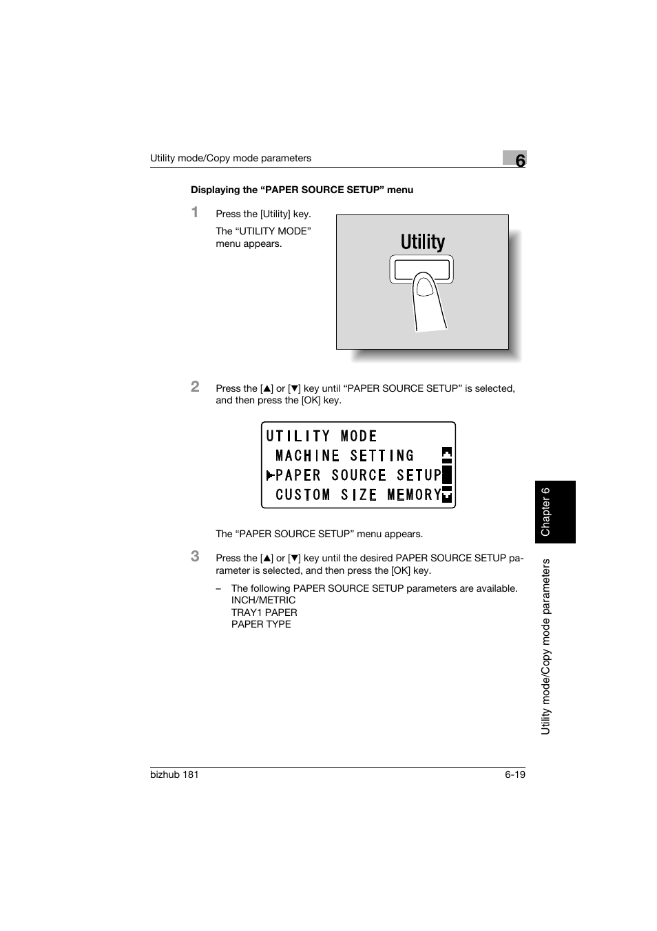 Displaying the “paper source setup” menu, Displaying the “paper source setup” menu -19 | Konica Minolta bizhub 181 User Manual | Page 214 / 322