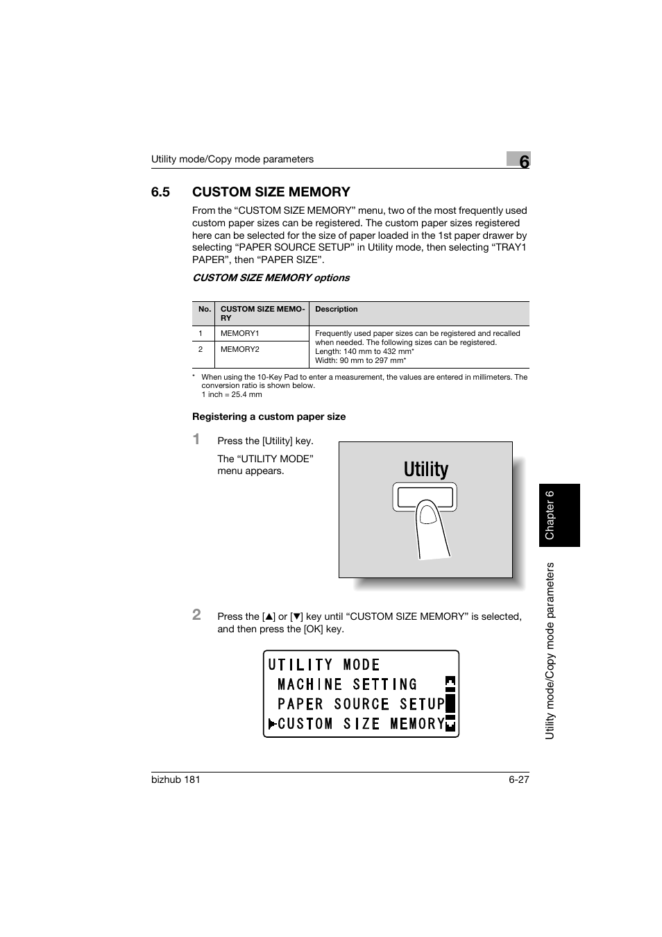 5 custom size memory, Registering a custom paper size, Custom size memory -27 | Registering a custom paper size -27, P. 6-27 | Konica Minolta bizhub 181 User Manual | Page 222 / 322