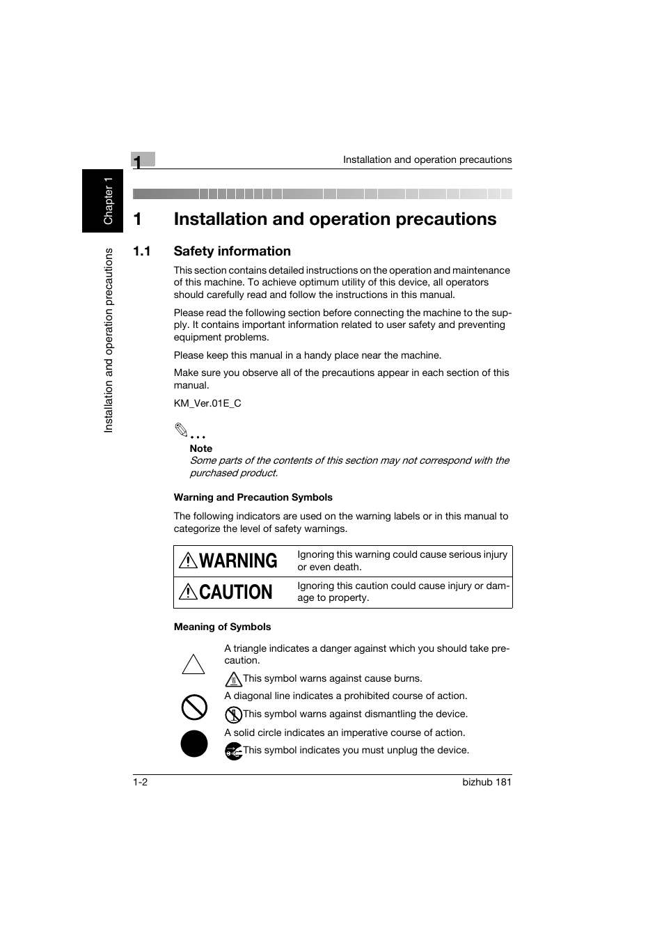 1 installation and operation precautions, 1 safety information, Warning and precaution symbols | Meaning of symbols, Installation and operation precautions, Safety information -2, Warning, Caution, 1installation and operation precautions | Konica Minolta bizhub 181 User Manual | Page 23 / 322