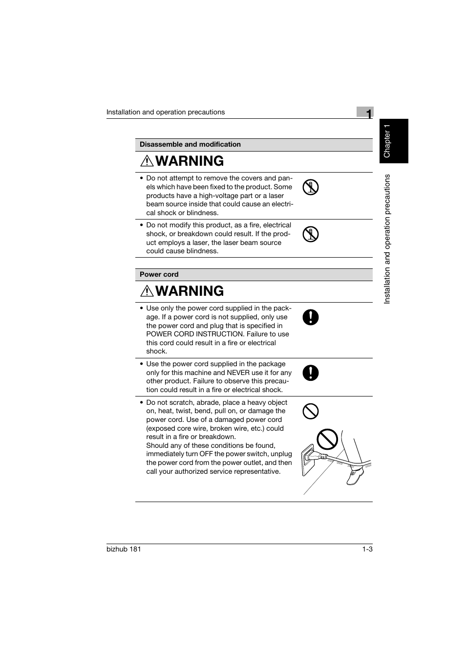 Warning | Konica Minolta bizhub 181 User Manual | Page 24 / 322