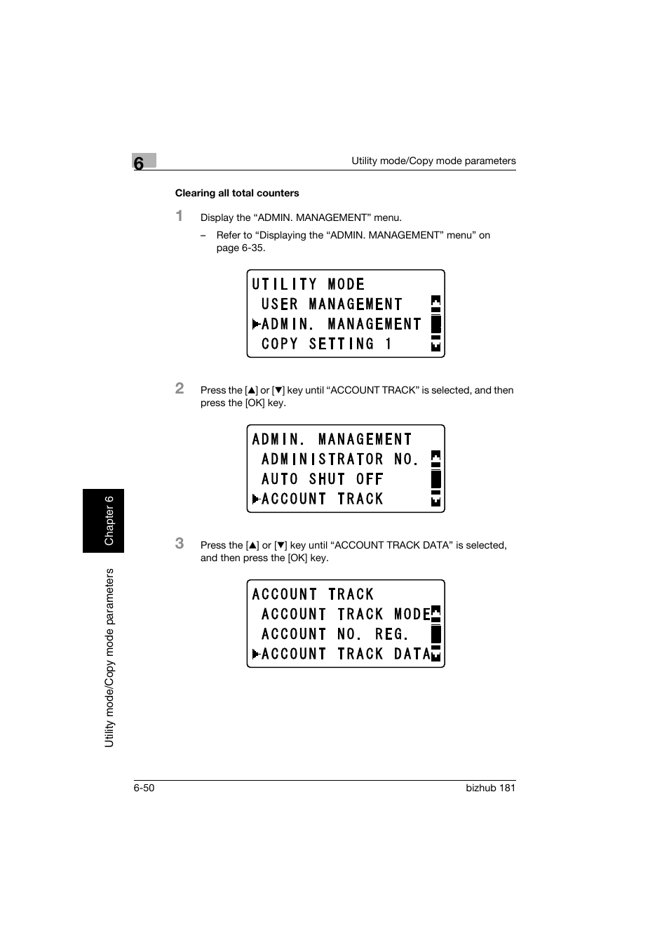 Clearing all total counters, Clearing all total counters -50 | Konica Minolta bizhub 181 User Manual | Page 245 / 322