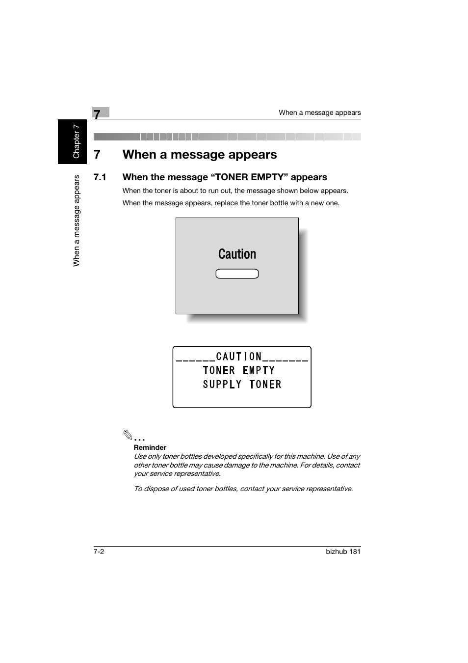 7 when a message appears, 1 when the message “toner empty” appears, When a message appears | When the message “toner empty” appears -2, 7when a message appears | Konica Minolta bizhub 181 User Manual | Page 273 / 322