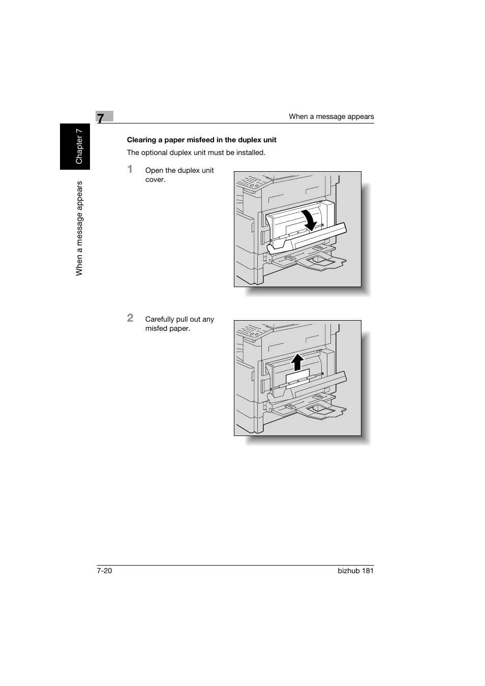 Clearing a paper misfeed in the duplex unit, Clearing a paper misfeed in the duplex unit -20, P. 7-20) | Konica Minolta bizhub 181 User Manual | Page 291 / 322