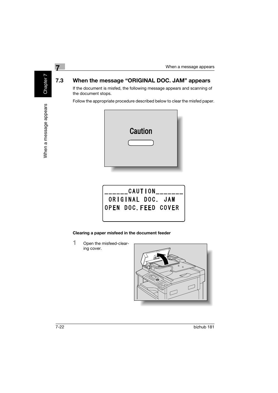 3 when the message “original doc. jam” appears, Clearing a paper misfeed in the document feeder, When the message “original doc. jam” appears -22 | P. 7-22 | Konica Minolta bizhub 181 User Manual | Page 293 / 322