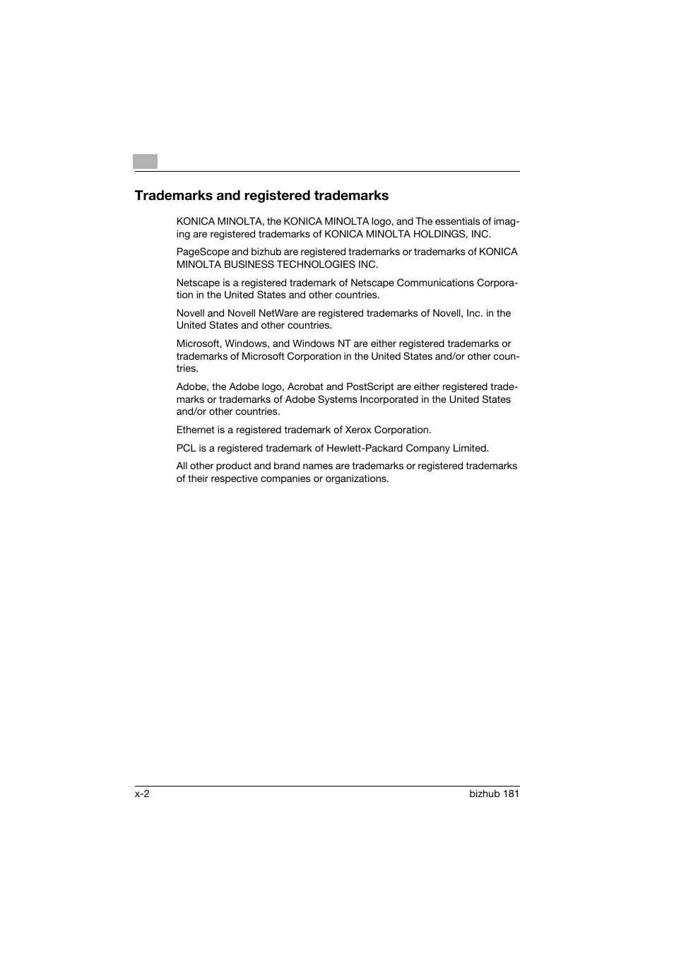 Trademarks and registered trademarks | Konica Minolta bizhub 181 User Manual | Page 3 / 322