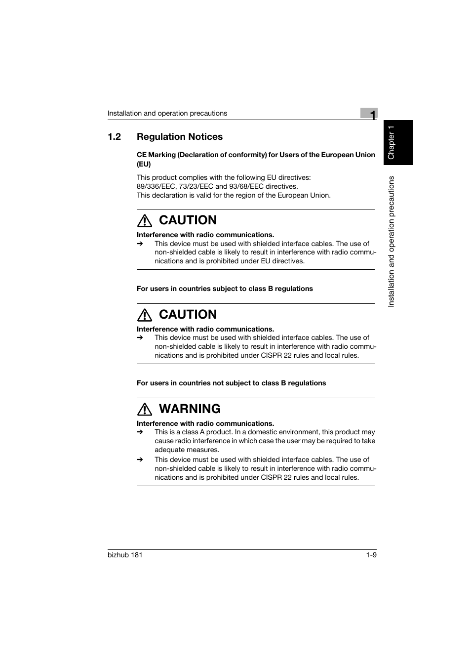 2 regulation notices, Regulation notices -9, 7 caution | 7 warning | Konica Minolta bizhub 181 User Manual | Page 30 / 322